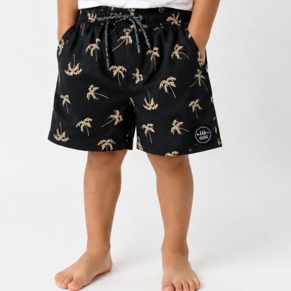 Feather 4 Arrow Boys Palm Tree Swim Trunks Black Tan Board Shorts Size 12